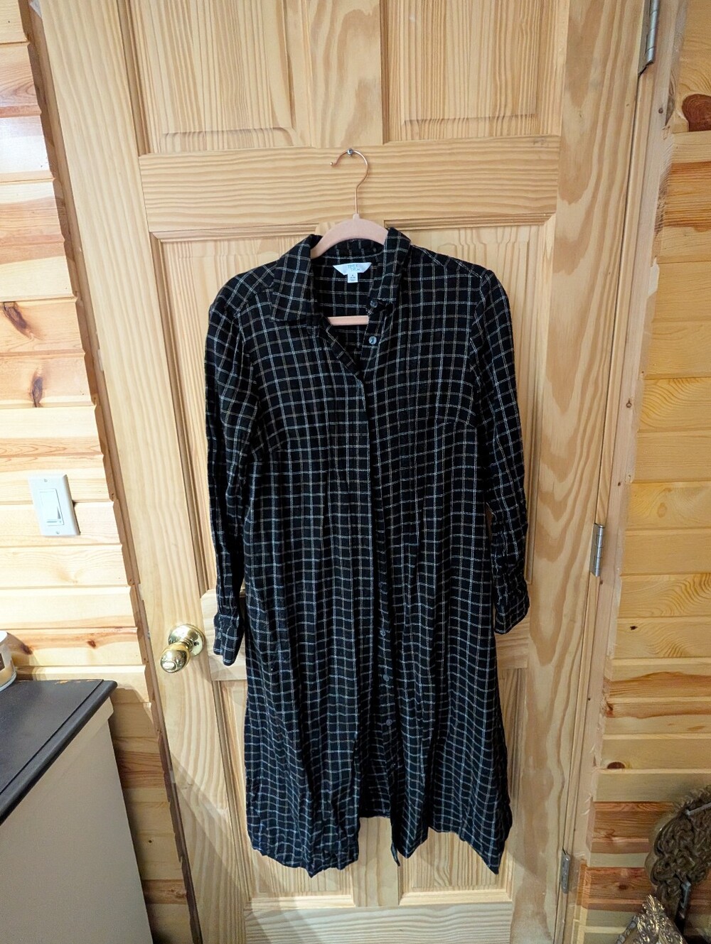 Womens S Time and Tru Soft Black Plaid Button-Front Shirt Dress